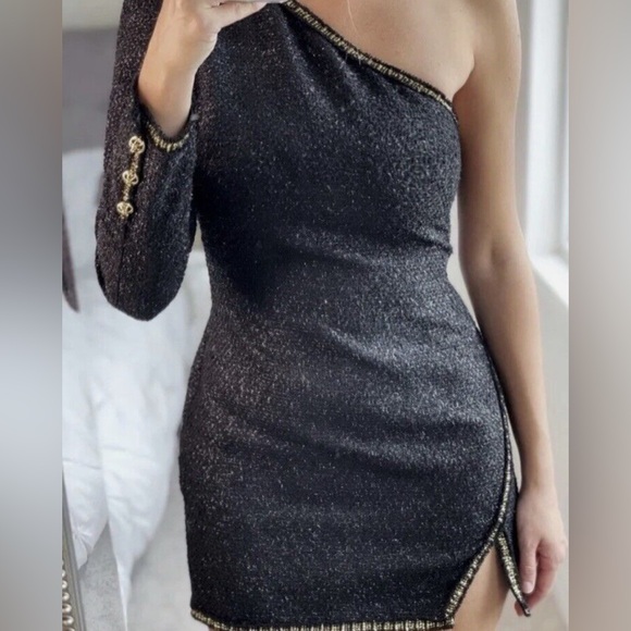 Zara Black & Gold Tweed Aysmetric Mini Dress - Picture 3 of 4